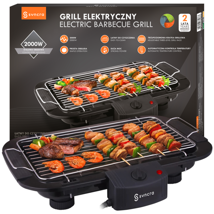 Grill elektryczny Syncra z rusztem regulowanym, ogrodowy, balkonowy, domowy.