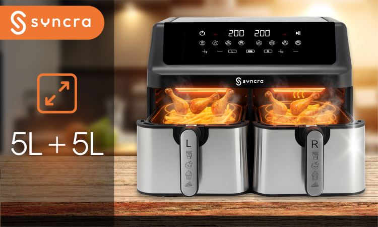Frytkownica Syncra AeroChef Duo 10L DWUKOMOROWA FRYTOWNICA Air Fryer POJEMNA PODWÓJNA 2000W Z OPCJA SUSZENIA, ODMRAŻANIA, PIECZENIA I INNE TRYBY AUTOMATYCZNE