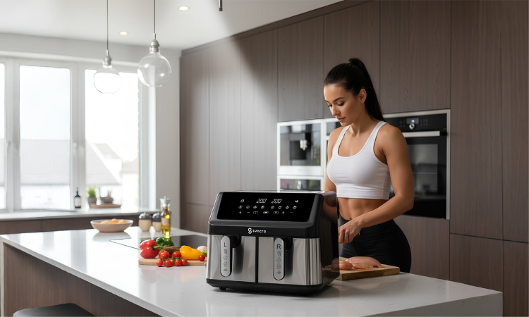 Frytkownica Syncra AeroChef Duo 10L DWUKOMOROWA FRYTOWNICA Air Fryer POJEMNA PODWÓJNA 2000W Z OPCJA SUSZENIA, ODMRAŻANIA, PIECZENIA I INNE TRYBY AUTOMATYCZNE