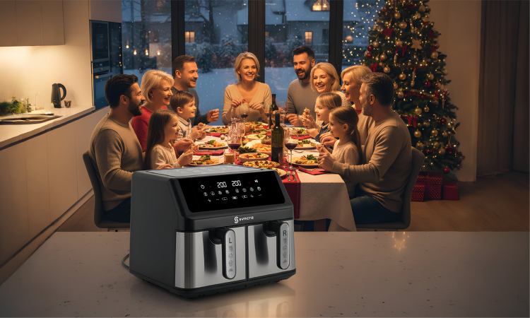 Frytkownica Syncra AeroChef Duo 10L DWUKOMOROWA FRYTOWNICA Air Fryer POJEMNA PODWÓJNA 2000W Z OPCJA SUSZENIA, ODMRAŻANIA, PIECZENIA I INNE TRYBY AUTOMATYCZNE