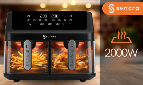 Frytkownica Syncra AeroChef Duo 10L DWUKOMOROWA FRYTOWNICA Air Fryer POJEMNA PODWÓJNA 2000W Z OPCJA SUSZENIA, ODMRAŻANIA, PIECZENIA I INNE TRYBY AUTOMATYCZNE