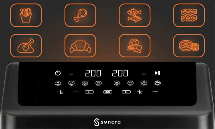 Frytkownica Syncra AeroChef Duo 10L DWUKOMOROWA FRYTOWNICA Air Fryer POJEMNA PODWÓJNA 2000W Z OPCJA SUSZENIA, ODMRAŻANIA, PIECZENIA I INNE TRYBY AUTOMATYCZNE